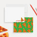 Front and back of personalized note cards with a pizza slice illustration and personalized red wording and a green back patterned with pizza slices.