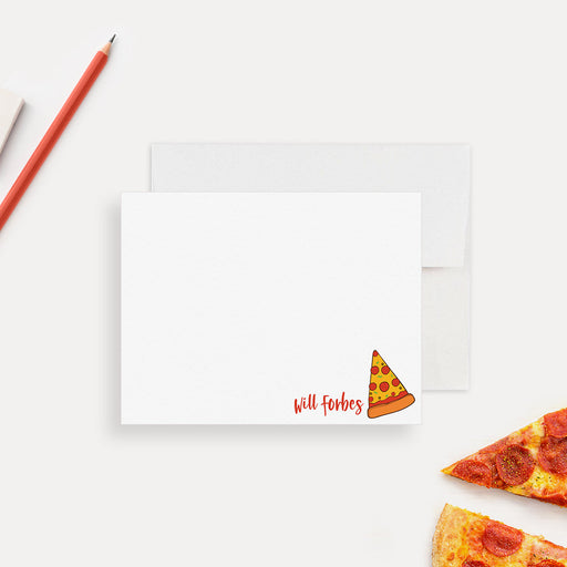 Personalized note card with a pizza slice illustration and personalized red wording, shown with a white envelope.