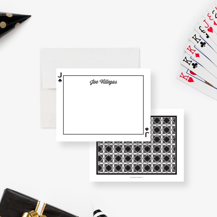 Personalized Poker Note Cards with Clubs Design. Front and matching repeating black and white clubs pattern on the back displayed with a white envelope.