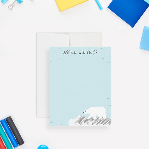 Personalized note card featuring a cute polar bear illustration with matching arctic animal accents, ideal for winter baby showers, thank-you notes, or children's stationery.