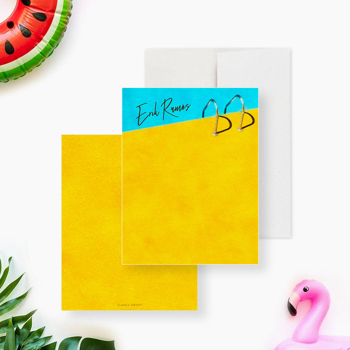 personalized poolside note card with blue pool water, yellow pool deck, pool ladder, custom name, and summer stationery design-front-back