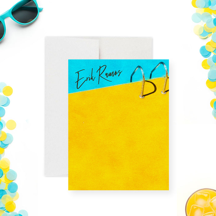 personalized poolside note card with blue pool water, yellow pool deck, pool ladder, custom name, and summer stationery design-front