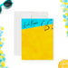 personalized poolside note card with blue pool water, yellow pool deck, pool ladder, custom name, and summer stationery design-front