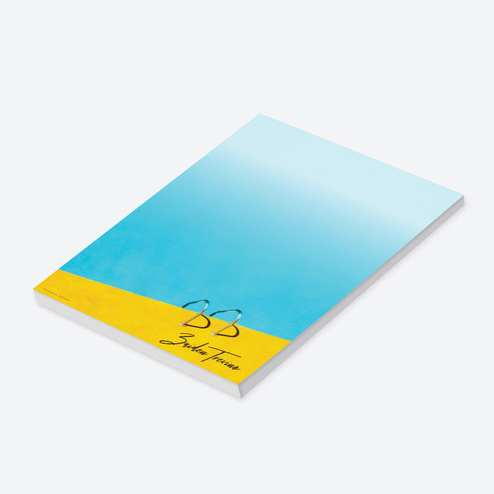 personalized poolside notepad with blue pool water, yellow pool deck, pool ladder, custom name, and blank writing pages-side