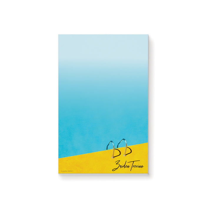 personalized poolside notepad with blue pool water, yellow pool deck, pool ladder, custom name, and blank writing pages