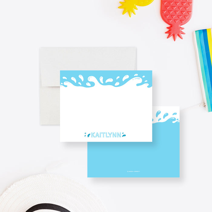 Personalized Pool Party Note Cards with Water Splash Design. Front and aqua back with a white water splash header shown with a white envelope.