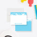 Personalized Pool Party Note Cards with Water Splash Design. Front and aqua back with a white water splash header shown with a white envelope.