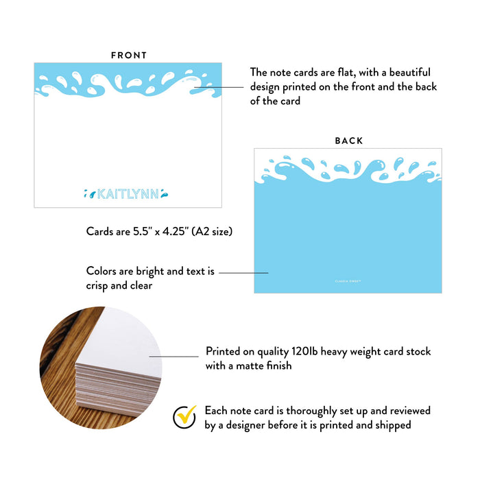 Product details graphic for personalized pool party note cards with water splash design, showing front and back designs, A2 size, and matte cardstock.