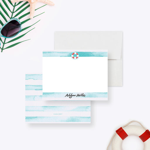 personalized pool party thank you card with watercolor aqua stripes, lifebuoy accent, custom name, and blank writing space-front-back