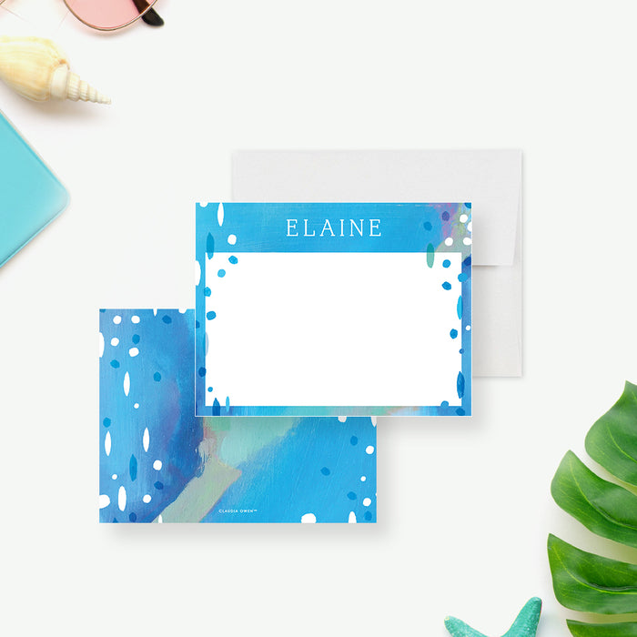 personalized pool party thank you card with custom name, blue painted abstract design, white writing space, and summer stationery style-front-back
