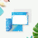 personalized pool party thank you card with custom name, blue painted abstract design, white writing space, and summer stationery style-front-back