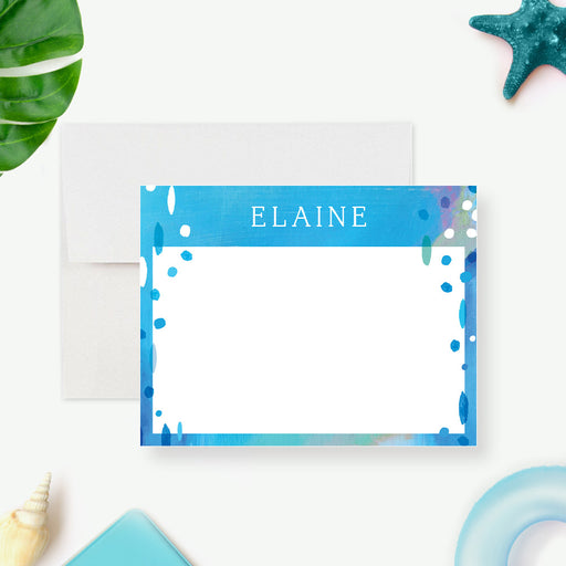personalized pool party thank you card with custom name, blue painted abstract design, white writing space, and summer stationery style-front