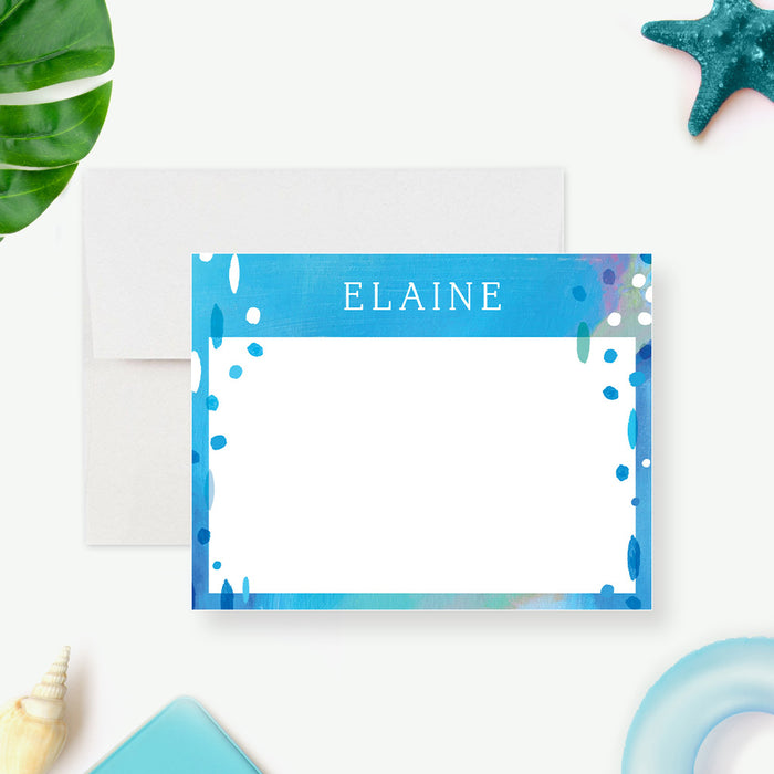 personalized pool party thank you card with custom name, blue painted abstract design, white writing space, and summer stationery style-front