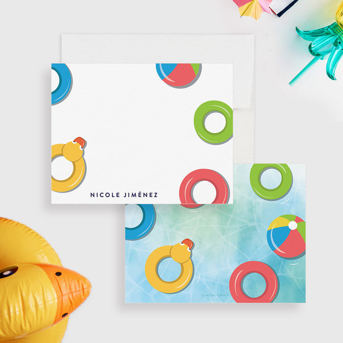 Pool party thank you cards with colorful floats and a personalized name on the white front, and swim rings, a duck float and beach ball on blue water on the back.
