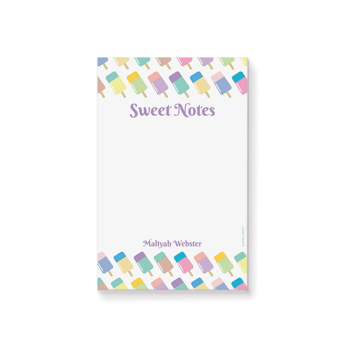 Customized notepad titled "Sweet Notes" with a pastel popsicle pattern and a personalized name
