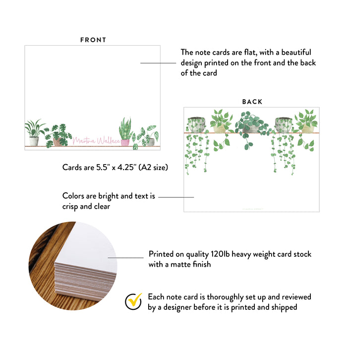 Front and back view of personalized potted plant note card. Front shows a row of charming illustrated potted plants above a custom name on a white background; back features trailing vines in botanical style. Close-up inset highlights thick 120 lb matte cardstock and notes bright, crisp print quality.