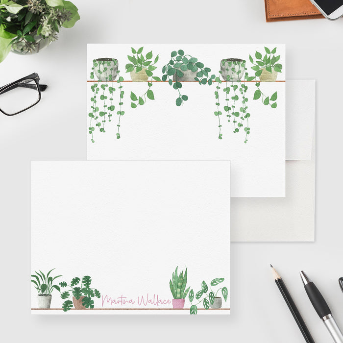 Personalized potted plant note card with watercolor greenery and a custom name, shown with white envelopes-front-back