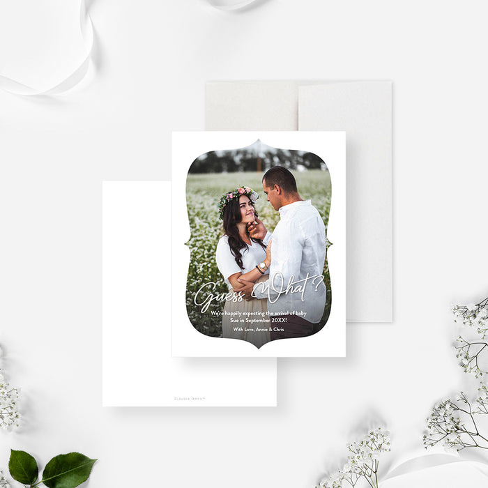 Custom baby and pregnancy announcement card with photo and personalized message, ideal for sharing joyful news.-front-back