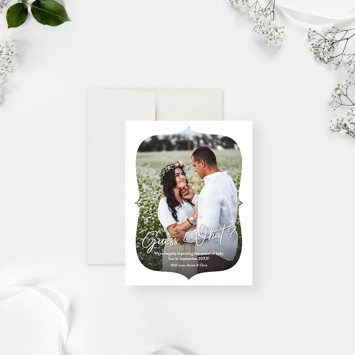 Custom baby and pregnancy announcement card with photo and personalized message, ideal for sharing joyful news.-front