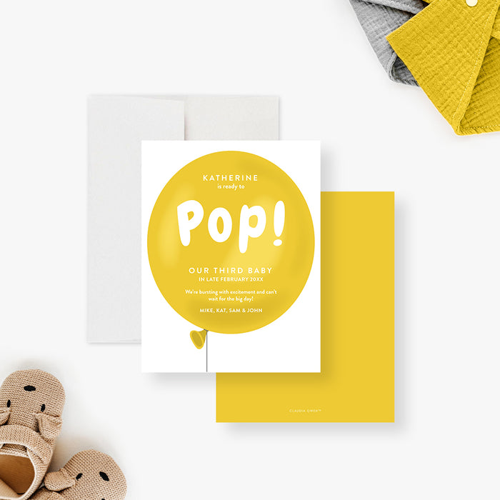 Personalized ready to pop pregnancy announcement card with yellow balloon design, custom baby number, due date, family names and message-front-back