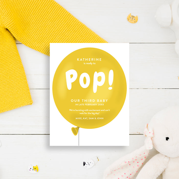 Personalized ready to pop pregnancy announcement card with yellow balloon design, custom baby number, due date, family names and message-front
