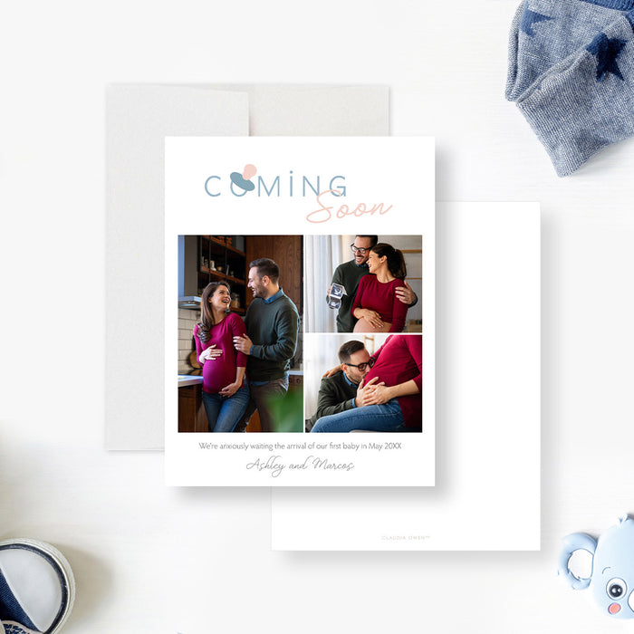 Personalized pregnancy announcement card with expecting couple photo collage, pink blue pacifier, Coming Soon message, and custom names -front-back
