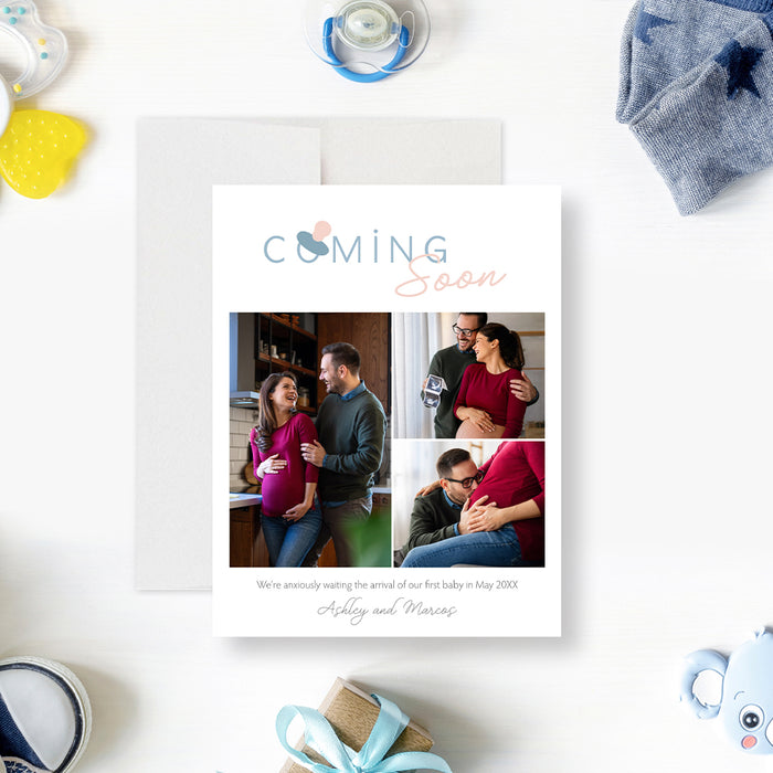 Personalized pregnancy announcement card with expecting couple photo collage, pink blue pacifier, Coming Soon message, and custom names -front