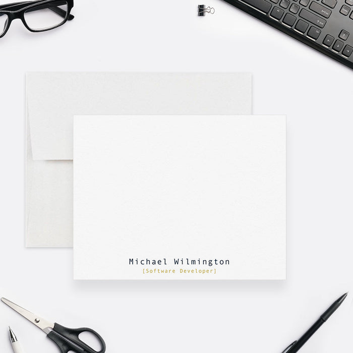 Personalized note card with a personalized name and job title, shown with a white envelope.