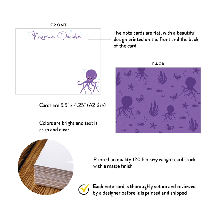 Front and back of personalized purple octopus note cards showing A2 dimensions and matte cardstock details.