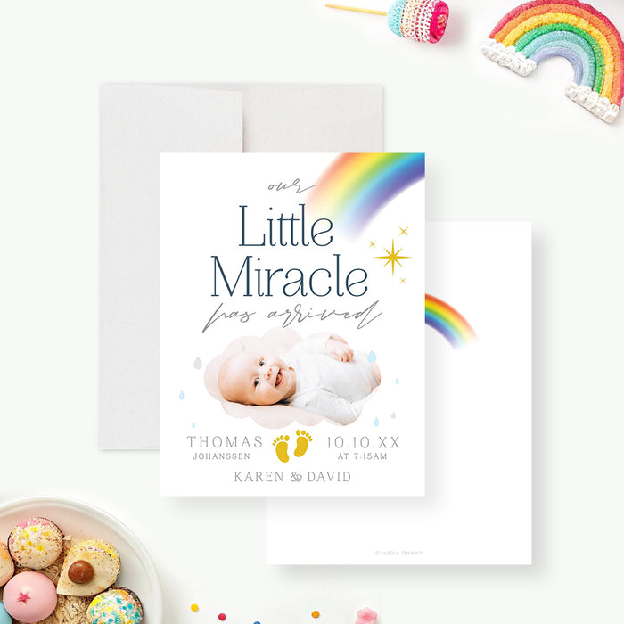 Rainbow baby birth announcement card with Our Little Miracle Has Arrived wording, colorful rainbow, baby photo, raindrops, yellow footprints and birth details-front-back