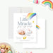 Rainbow baby birth announcement card with Our Little Miracle Has Arrived wording, colorful rainbow, baby photo, raindrops, yellow footprints and birth details-front-back