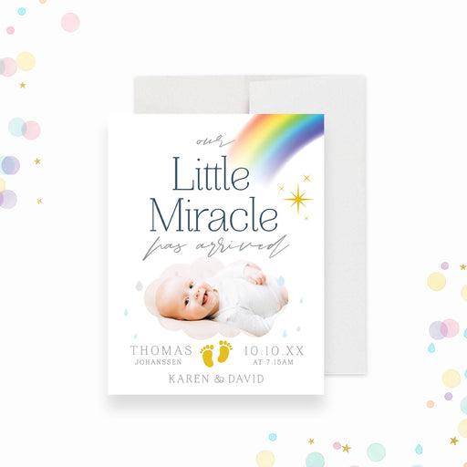 Rainbow baby birth announcement card with Our Little Miracle Has Arrived wording, colorful rainbow, baby photo, raindrops, yellow footprints and birth details-front