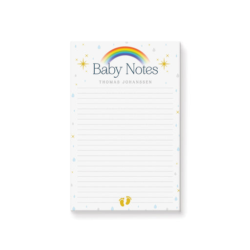 Personalized lined baby notepad with colorful rainbow, blue and gray raindrops, yellow stars, baby footprints, Baby Notes heading and custom name