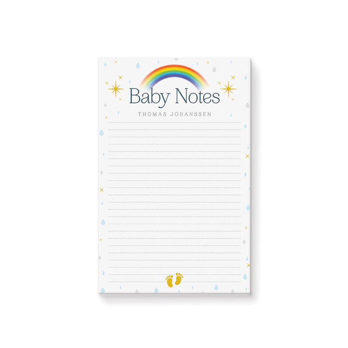 Personalized lined baby notepad with colorful rainbow, blue and gray raindrops, yellow stars, baby footprints, Baby Notes heading and custom name