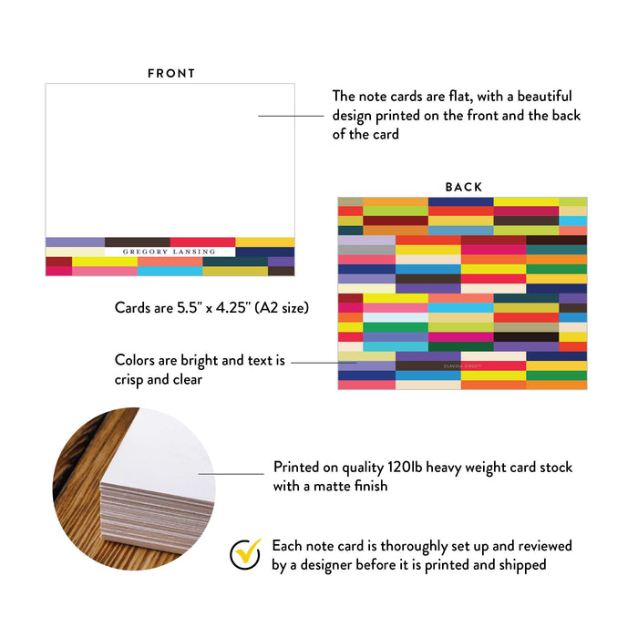 Front and back of personalized rainbow geometric note cards with A2 size and matte cardstock details.