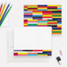 Personalized note cards with a multicolor rectangle pattern on the reverse and a matching strip beneath the name.