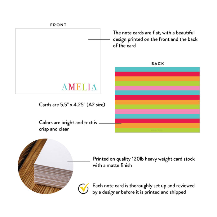 Front and back of personalized rainbow stripe note cards showing A2 dimensions and matte cardstock details.