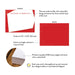 Front and back of personalized red and gold confetti note cards showing A2 dimensions and matte cardstock details.