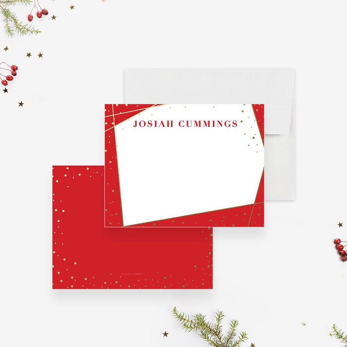 White personalized note card framed with red and gold-colored confetti, beside a red back scattered with printed gold-colored dots.