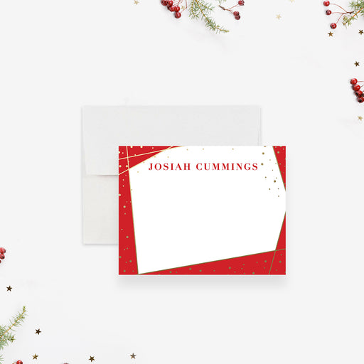 White personalized note card framed with red and gold-colored confetti, beside a red back scattered with printed gold-colored dots.