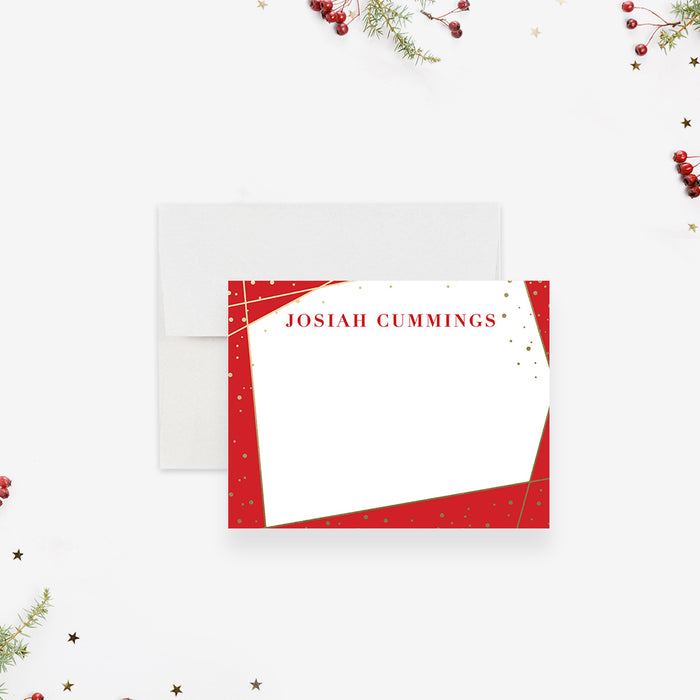 White personalized note card framed with red and gold-colored confetti, beside a red back scattered with printed gold-colored dots.