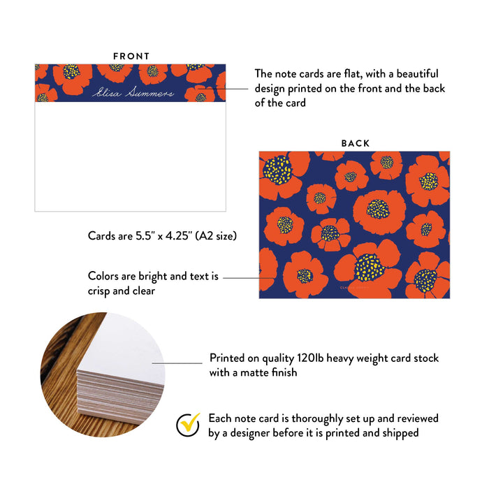 Front and back of personalized red and navy floral note cards showing A2 dimensions and matte cardstock details.