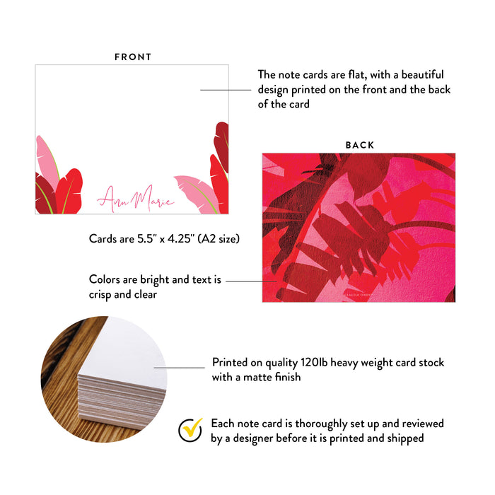 Front and back of personalized red and pink tropical leaf note cards with A2 size and matte cardstock details.