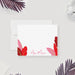 Personalized white note card with red and pink tropical leaf illustrations along the lower corners and a script name.