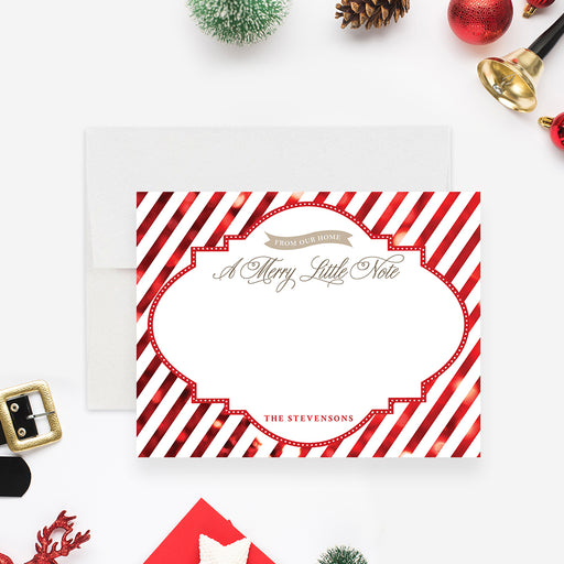 Personalized Christmas note card with red and white candy cane stripes, A Merry Little Note wording and blank writing area-front