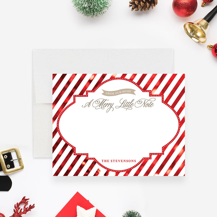 Personalized Christmas note card with red and white candy cane stripes, A Merry Little Note wording and blank writing area-front