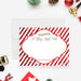Personalized Christmas note card with red and white candy cane stripes, A Merry Little Note wording and blank writing area-front