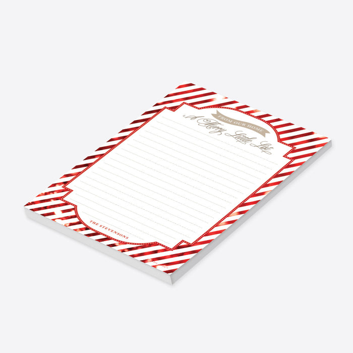 Personalized Christmas notepad with red and white candy cane stripes, A Merry Little List heading and lined writing space-side