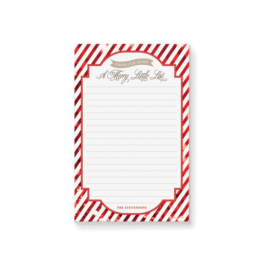 Personalized Christmas notepad with red and white candy cane stripes, A Merry Little List heading and lined writing space