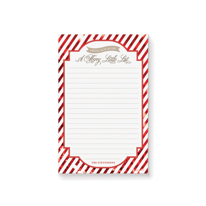 Personalized Christmas notepad with red and white candy cane stripes, A Merry Little List heading and lined writing space